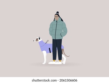 A Young Female Asian Greyhound Owner Walking With Their Pet, Winter Season, Dog Clothes