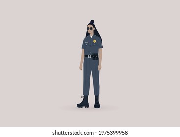 A young female Asian police officer on duty wearing a uniform and sunglasses