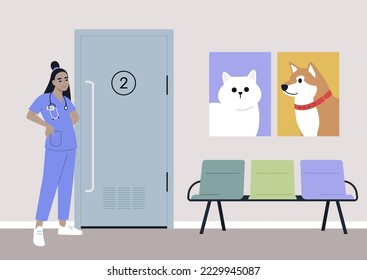 A young female Asian veterinary doctor waiting for visitors in the lobby, domestic animals health care