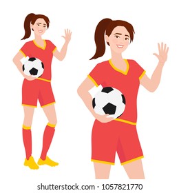 Young female associaton football player in sportswear standing and holding soccer ball. Friendly teenage girl in soccer uniform waving. Vector character illustraton isolated on white background