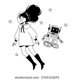 Young Female Astronaut Floating in Space With Retro Robot Companion and Stars Illustration