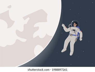 A young female astronaut in a spacesuit floating in open space next to a glowing moon, a science fiction theme