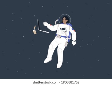 Young female astronaut in a spacesuit working on their laptop in outer space, a futuristic life concept