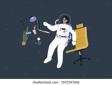 A young female astronaut in a spacesuit working on their laptop in outer space, a futuristic life concept