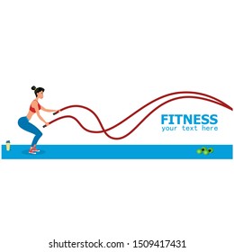 Young female athlete exercising with battle ropes. Functional training and workout vector illustration. Beautiful woman wearing in sportswear training. Fitness club or gym banner. Sport motivation