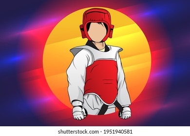 A young female athlete in 
a kimono over a protective suit, 
helmet, gloves. Vector illustration.