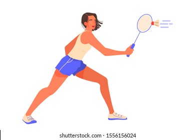 Young female athlete play badminton. Vector illustration of woman holding a racket, badminton player training. Healthy lifestyle concept. Isolated vector illustration in cartoon style