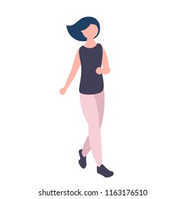 Young female athlete running outside, jogging vector image. Flat design character