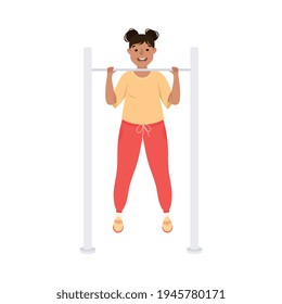 Young Female in Athletic Wear at Gym Doing Chin-ups as Strength Training Exercise Vector Illustration
