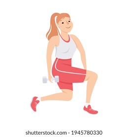 Young Female in Athletic Wear at Gym Doing Dumbbell Lunge as Physical Exercise and Workout Vector Illustration