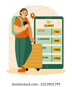 Young female with backpack and trolley bag standing near big mobile phone and checking information about flights. Tourist with luggage waiting in airport. Flat vector illustration in green colors