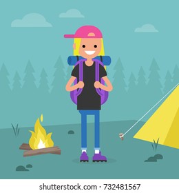 Young female backpacker traveling in a forest. Camping trip. / flat editable vector illustration, clip art