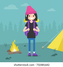 Young female backpacker traveling in a forest. Camping trip. / flat editable vector illustration, clip art