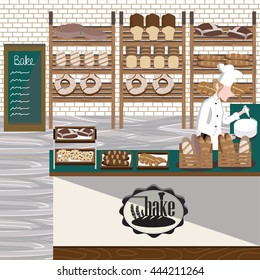 Young female baker making bread and cake at a bakery store. Bakery Vector Illustration.