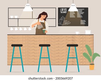 Young female barista making coffee for customer illustration