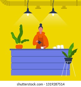 Young female barista pouring coffee at the bar counter. Cafe. Loft interior. Modern lifestyle. Flat editable vector illustration, clip art