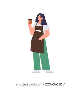 Young female barista preparing hot takeaway coffee for client isolated on white background