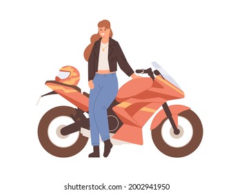 Young female biker posing near motor bike. Woman standing by modern motorcycle. Happy motorcyclist and motorbike. Portrait of human with sportbike. Flat vector illustration isolated on white