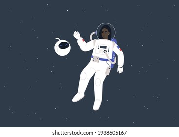 A young female Black astronaut in a spacesuit and a cute round robot floating in outer space, a futuristic life concept