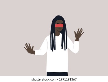 A young female Black character with blindfolded eyes trying to find the way out
