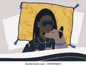 A young female Black character cuddling with their puppy in bed, weekend time, luxury bedding with patterns and tassels