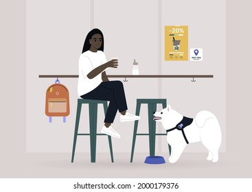 Young female Black character drinking coffee at the bar counter of a dog-friendly place, modern lifestyle