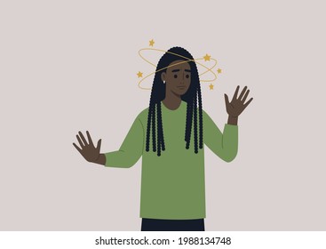 A young female Black character feeling dizzy with yellow stars orbiting around their head