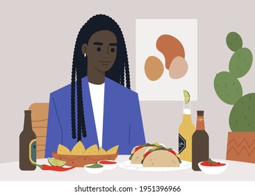 A young female Black character having dinner in a Mexican restaurant with traditional food