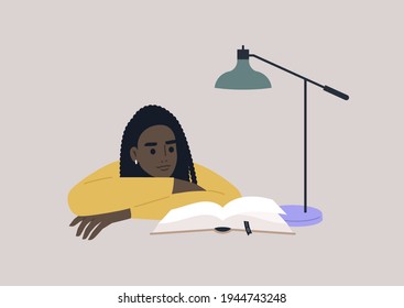 A young female Black character leaning on arms and reading a book, educational process, a university student preparing for exams