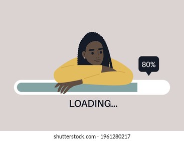 Young female Black character leaning on a progress bar, file uploading concept