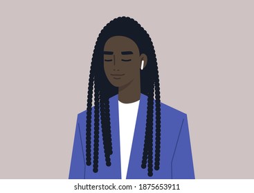 a young female Black character listening to music, calm and relaxing atmosphere, stress relief