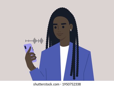 A young female Black character listening to a voice message on their mobile phone, generation z lifestyle