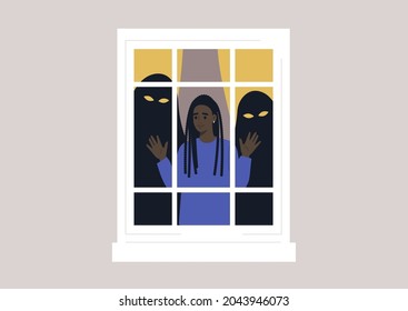 A young female Black character locked inside their home with monsters behind their back, panic attack concept, mental health issues