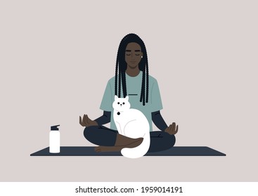 A young female Black character meditating with a cat on their lap, dealing with stress, yoga workout at home