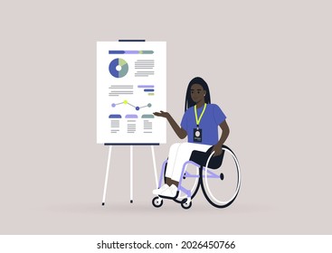 A young female Black character on a wheelchair presenting the infographics on a flip chart at the weekly office report meeting