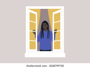 A young female Black character opening the window, morning rituals, daily lifestyle