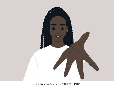 Young female Black character with  outstretched arm offering their help, a welcoming gesture, a helping hand concept