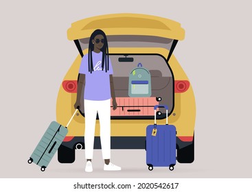 A young female Black character packing suitcases in a car trunk, summer break road trip, vacation lifestyle