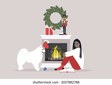 A young female Black character playing with their dog on the floor in front of the mantelpiece, cozy winter interior