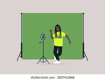 A young female Black character recording a dancing challenge video with their mobile phone on a tripod, chroma key background, modern gen z lifestyle