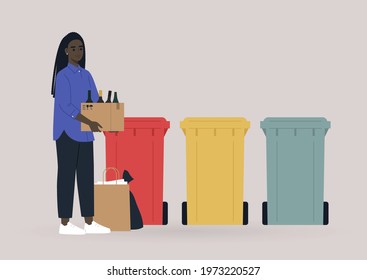 A young female Black character separating garbage, a zero waste policy