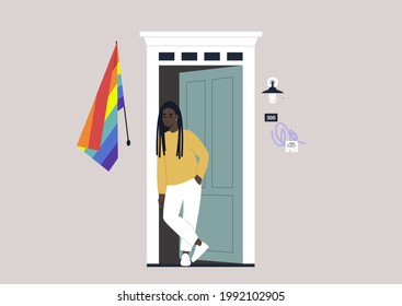 A young female Black character standing outside their entrance door with a rainbow flag on the wall, a safe space for the LGBTQ community, coming out