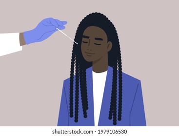 A young female Black character takes a medical covid-19 PCR test, a hand in a protective glove holding a cotton swab