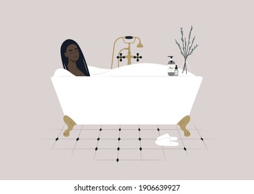 A young female Black character taking a relaxing bath with soap foam, a claw foot vintage tub