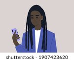 A young female Black character using a mobile phone, millennial daily life