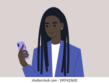 A Young Female Black Character Using A Mobile Phone, Millennial Daily Life