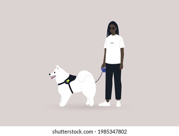 A young female Black character walking with their samoyed fluffy dog, modern urban lifestyle