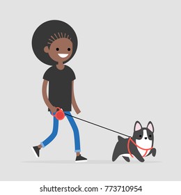 Young female black character walking a dog. Pet owner. Flat editable vector illustration, clip art