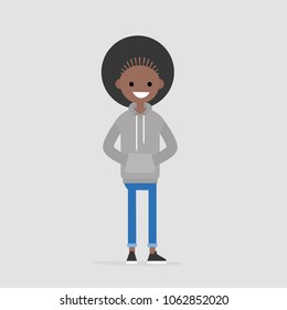 Young female black character wearing grey hoodie and blue jeans. Casual daily style. Millennial lifestyle. Flat editable vector illustration, clip art