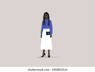 Young female Black character wearing high heels, trendy outfit with a mini shoulder bag